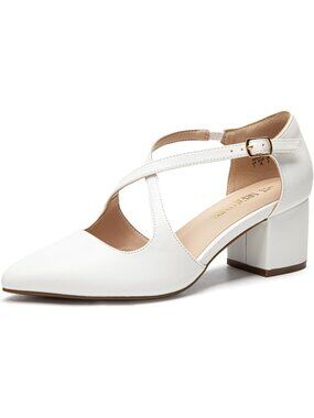 Women's Closed Pointed Toe Heels Dress White Chunky Cross Strap Block Pumps